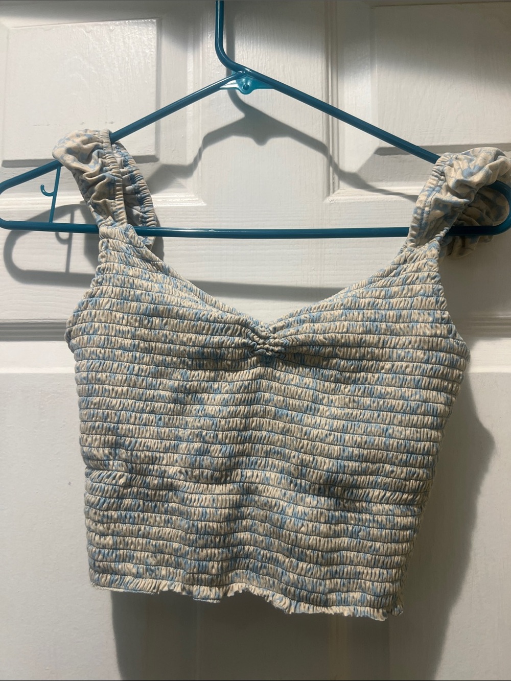Urban Outfitters Blue and Cream Smocked Crop Top with Ruffle Straps